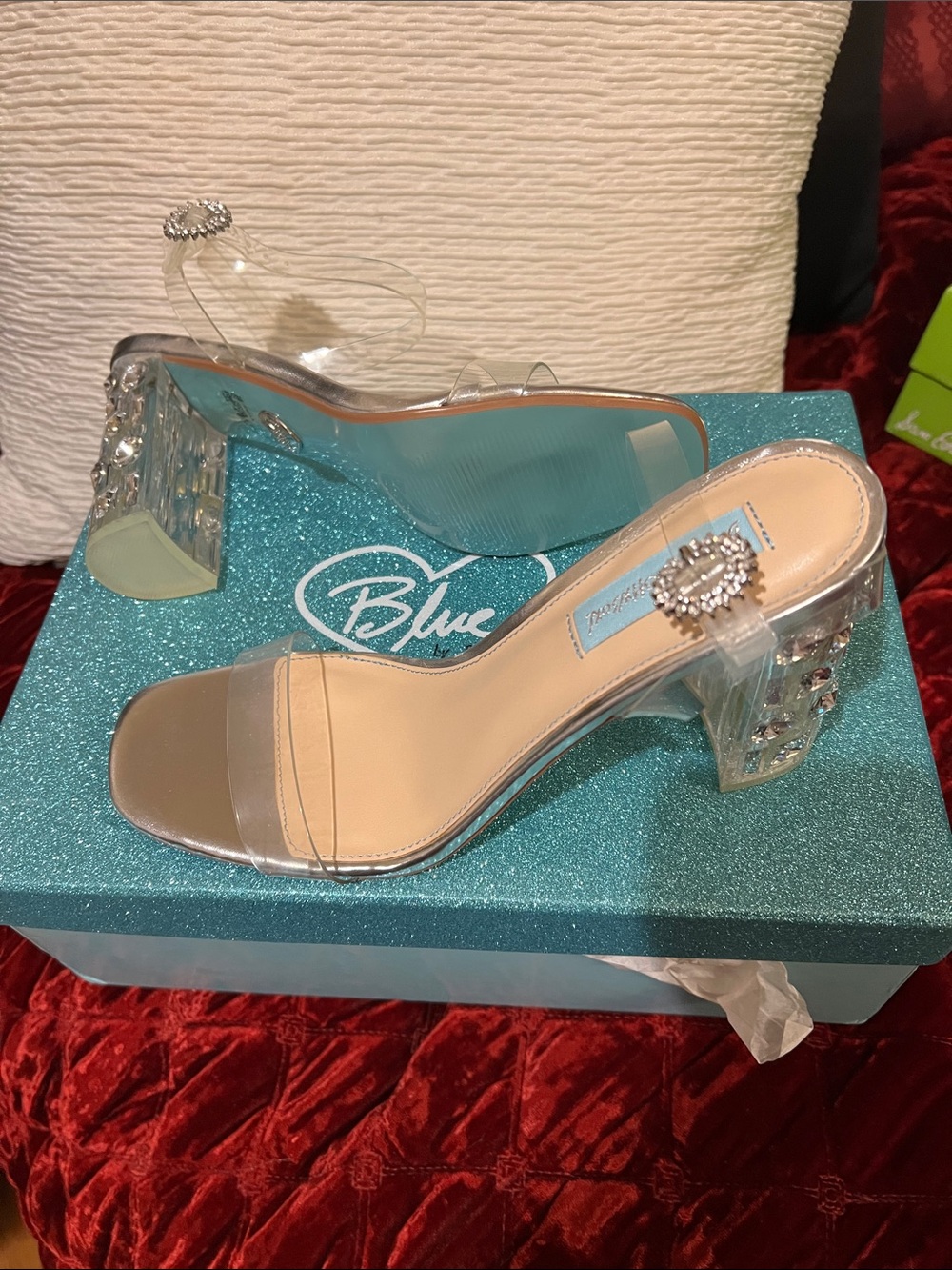 Blue by Betsey Johnson Erika Crystal Block Heel Sandals Rhinestone Accent